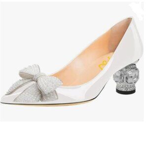 FSJ White Pointed Toe Crystal Pump Rhinestone Bow Block Low Heel Slip On Shoes